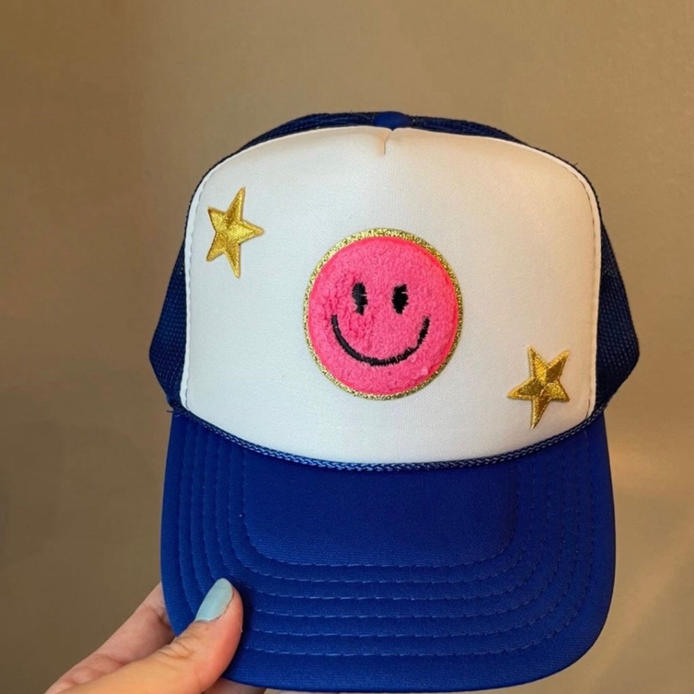 Hot Pink Smiley Face Trucker Hat Royal Blue & White